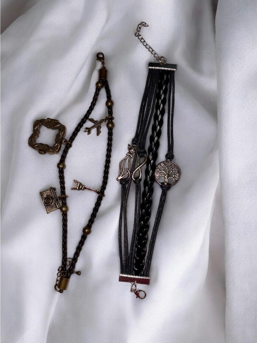 2 Black Layered Charm Bracelets w/ Cat, Tree of Life & Bohemian Paris Travels